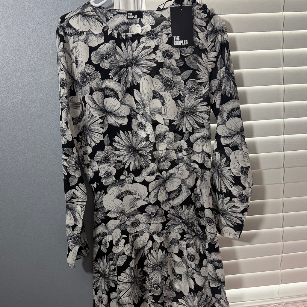 The Kooples Black & White Floral Long Sleeve Midi Dress